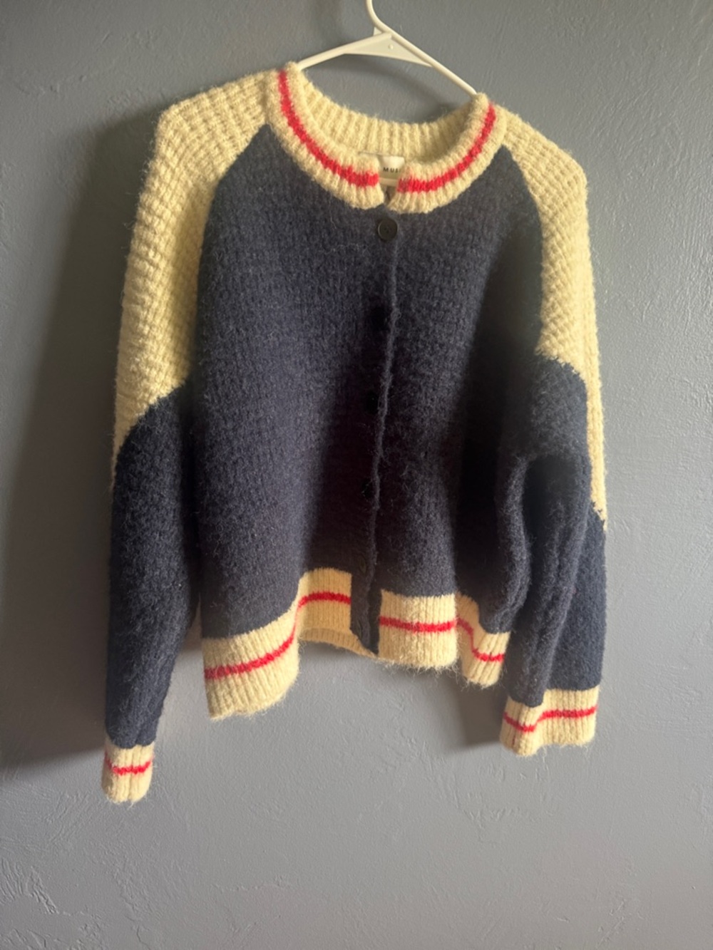 Colorblock Crewneck Cardigan in Navy and Cream with Red Trim